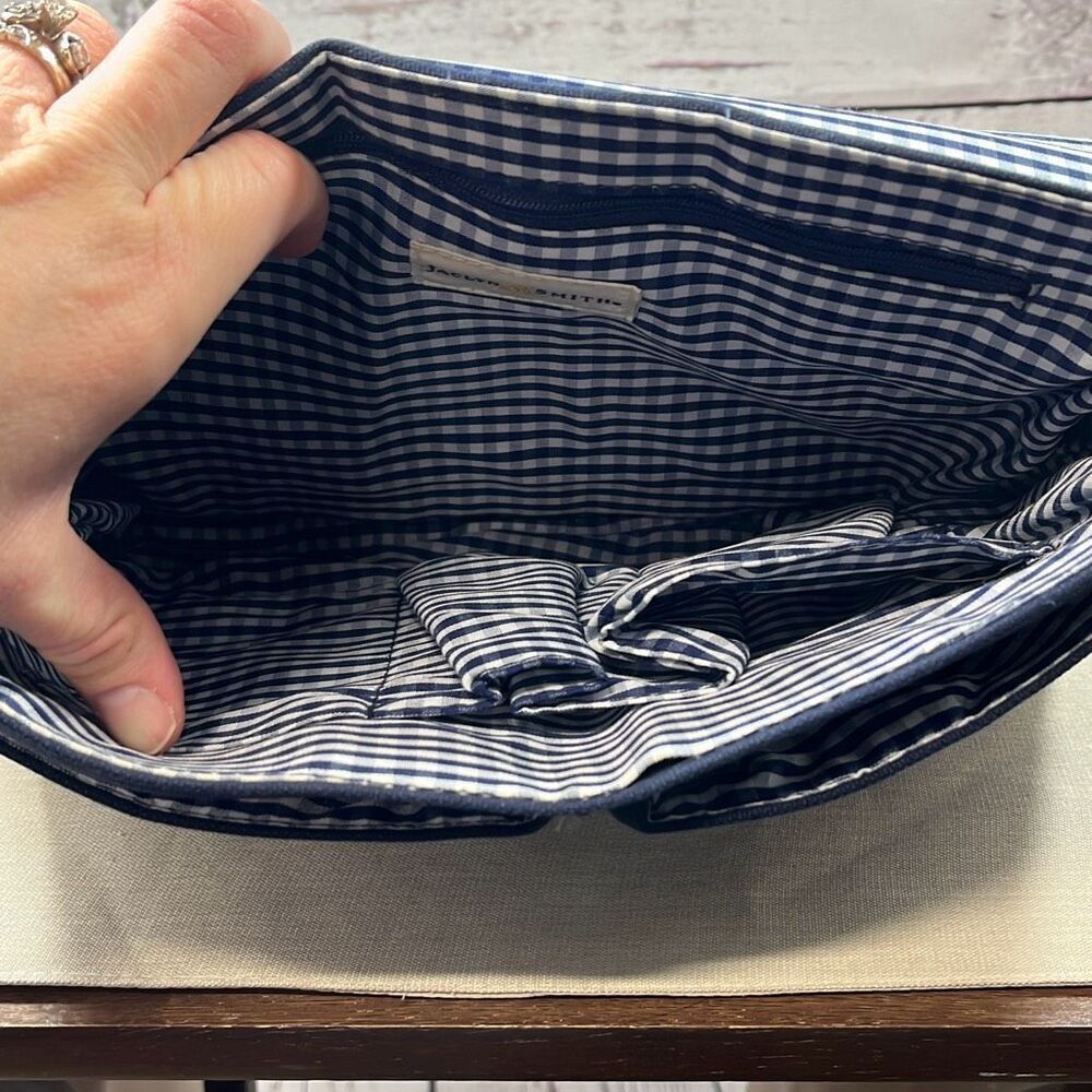 Jaclyn Smith navy blue satchel purse with checkered white and blue pattern insid - Picture 4 of 6